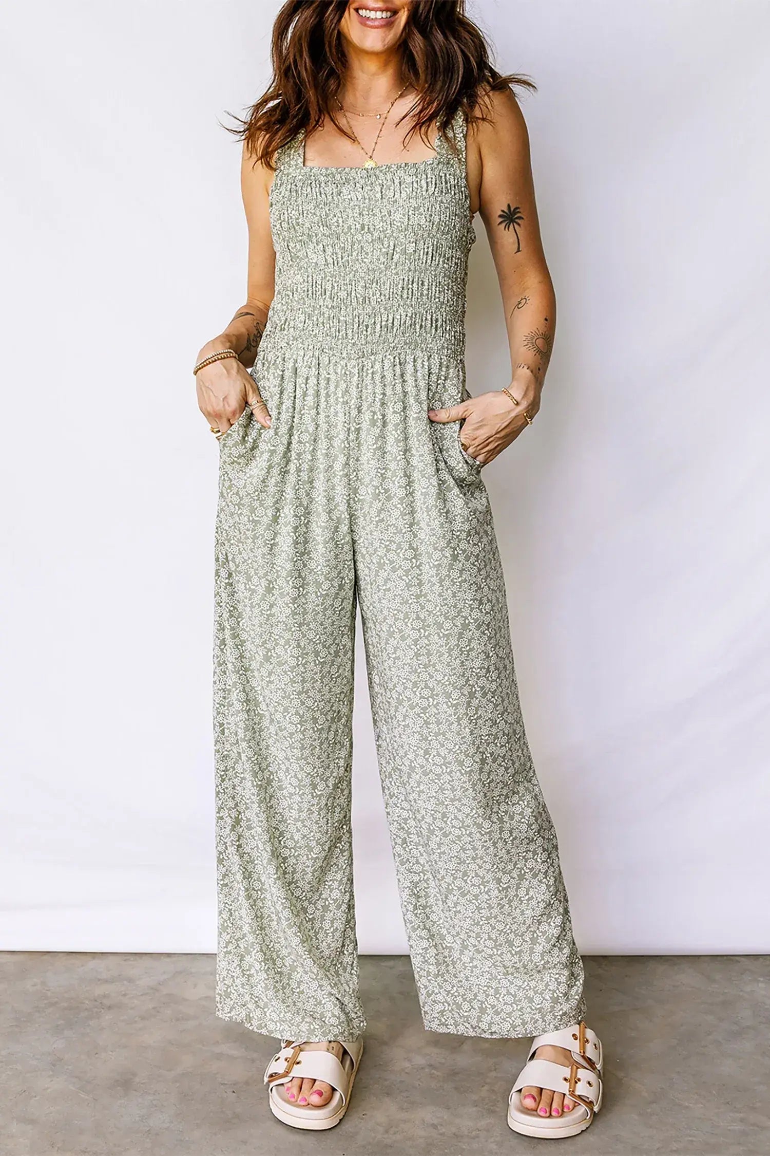 Green Smocked Bodice Square Neck Sleeveless Floral Jumpsuit