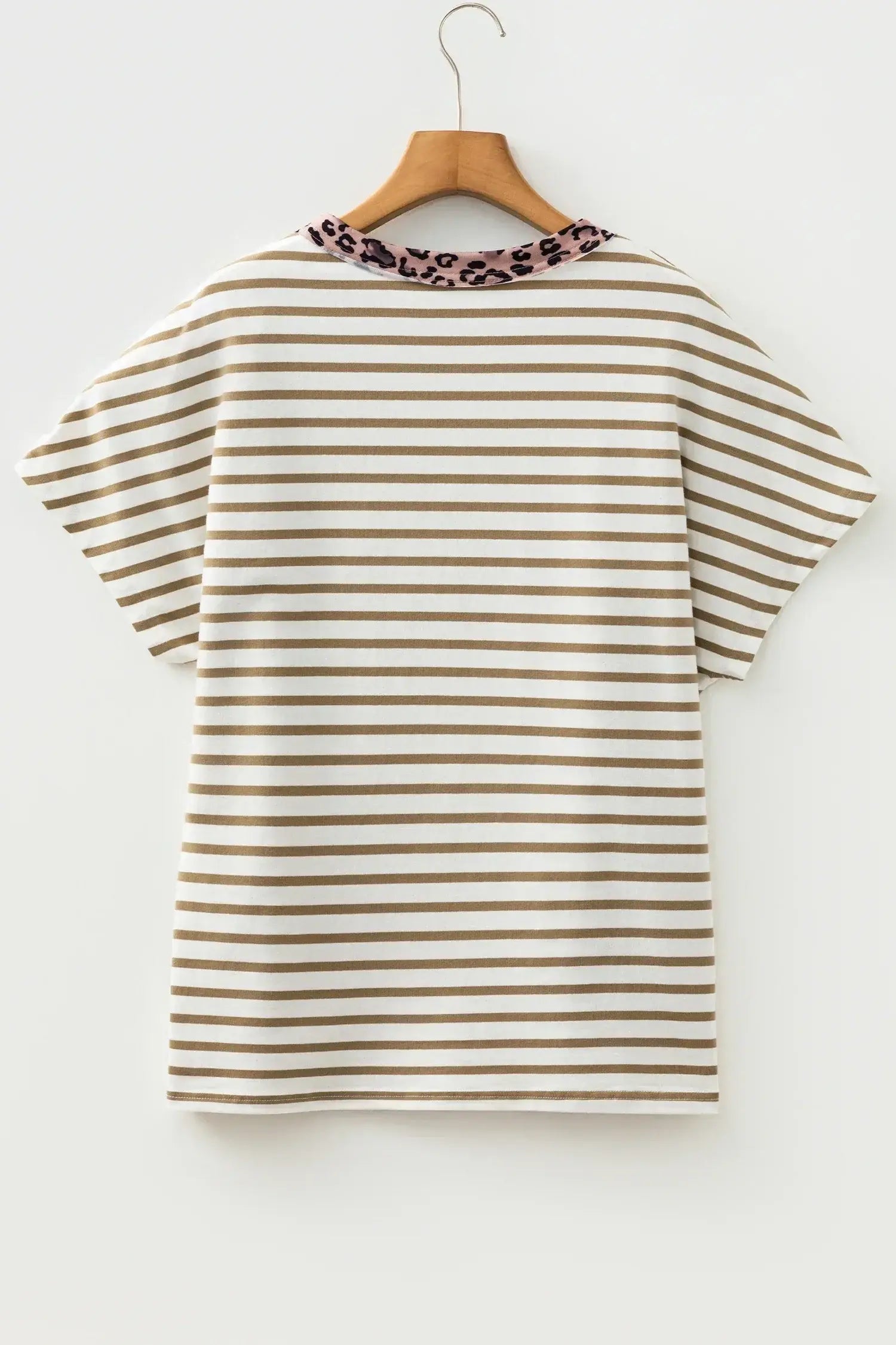 Khaki Stripe Leopard Patchwork Round Neck Loose T Shirt