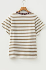 Khaki Stripe Leopard Patchwork Round Neck Loose T Shirt