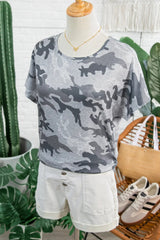 Gray Camouflage Print Round Neck T Shirt