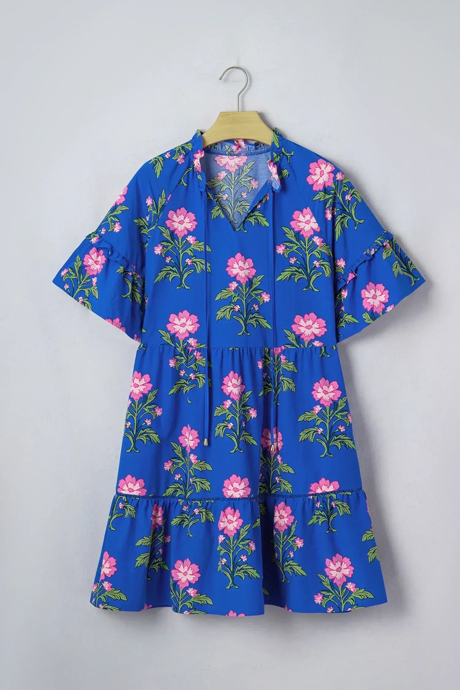 Blue V Neck Short Sleeve Loose Flower Dress