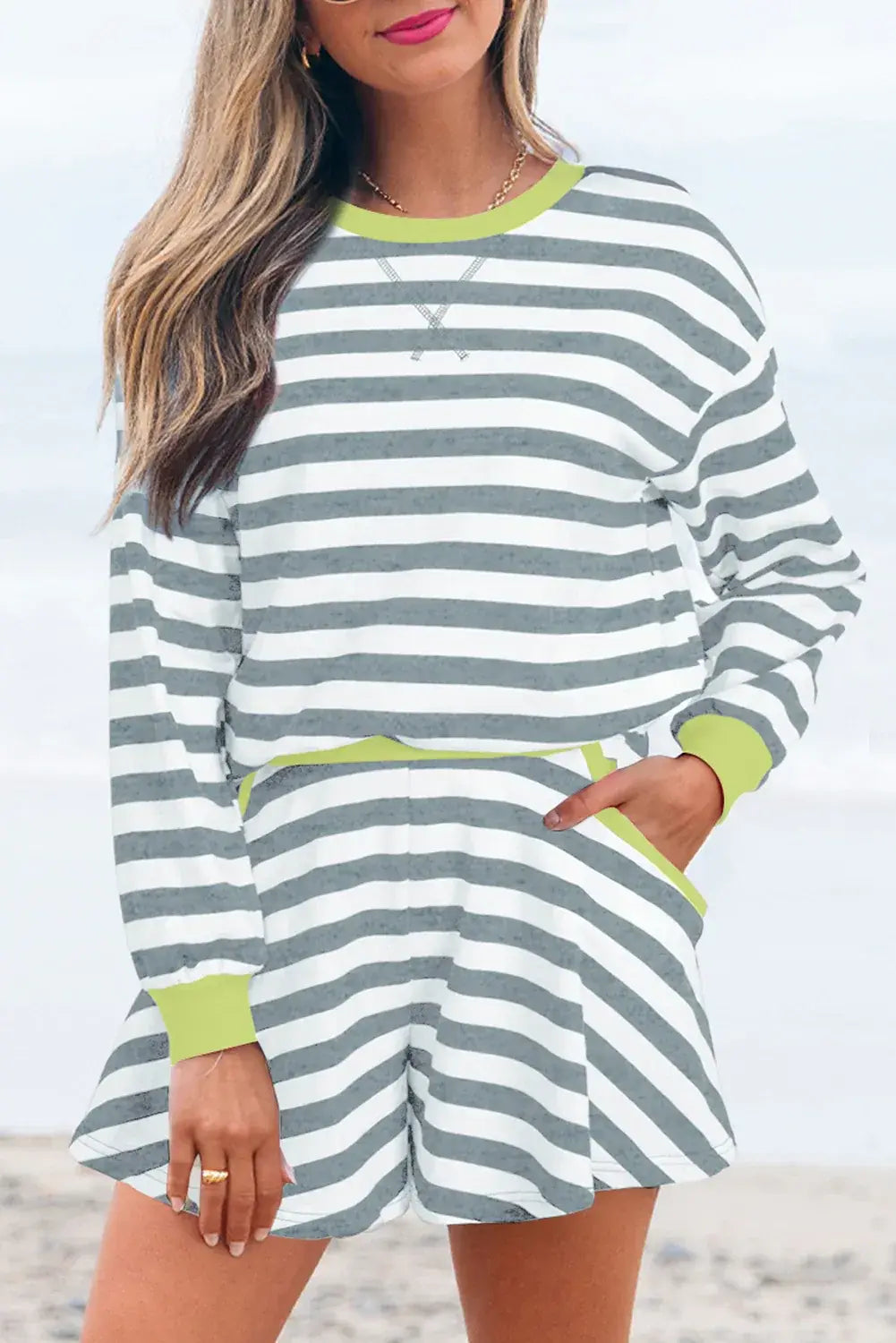 Gray Stripe Contrast Ribbed Banding Long Sleeve Blouse Loose Shorts Set