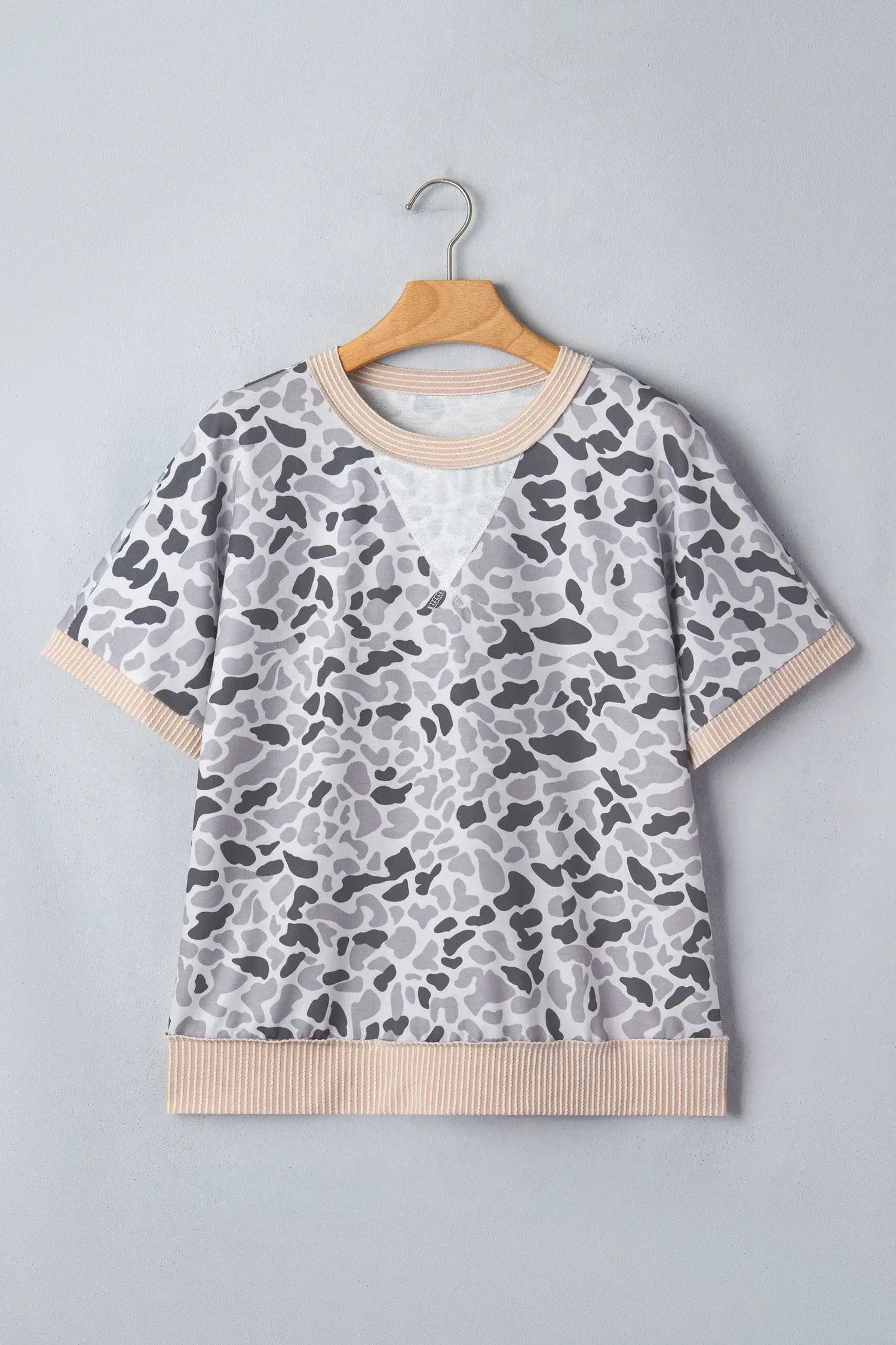 Gray Camouflage Print Twisted Ribbed Patchwork Casual T Shirt