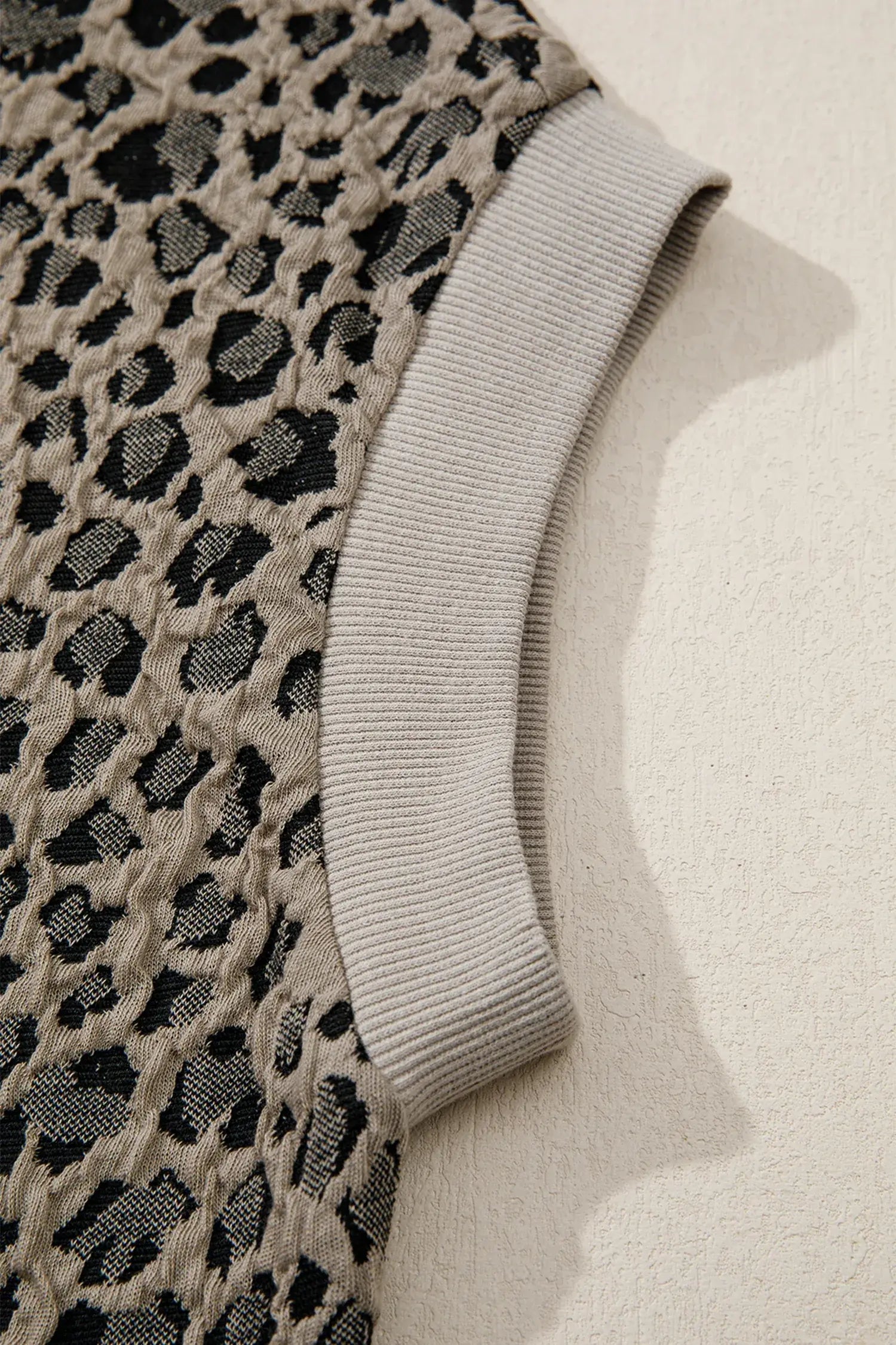 Beige Zip up Collared Leopard Cap Sleeve Top