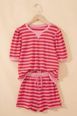 Red Stripe Puff Short Sleeve T Shirt Matching Shorts Set