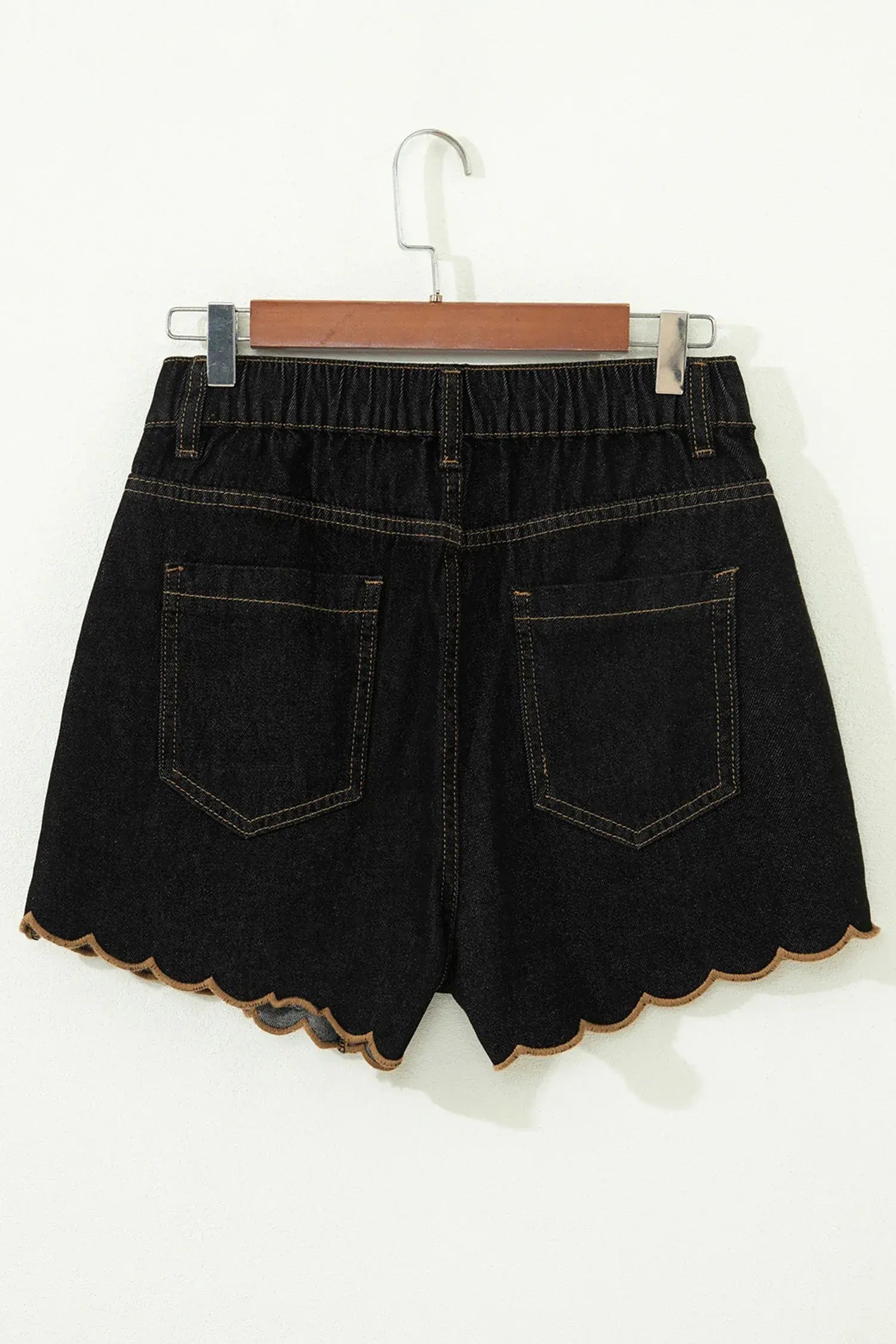Navy Blue Embroidered Scalloped Trim Relaxed Denim Shorts