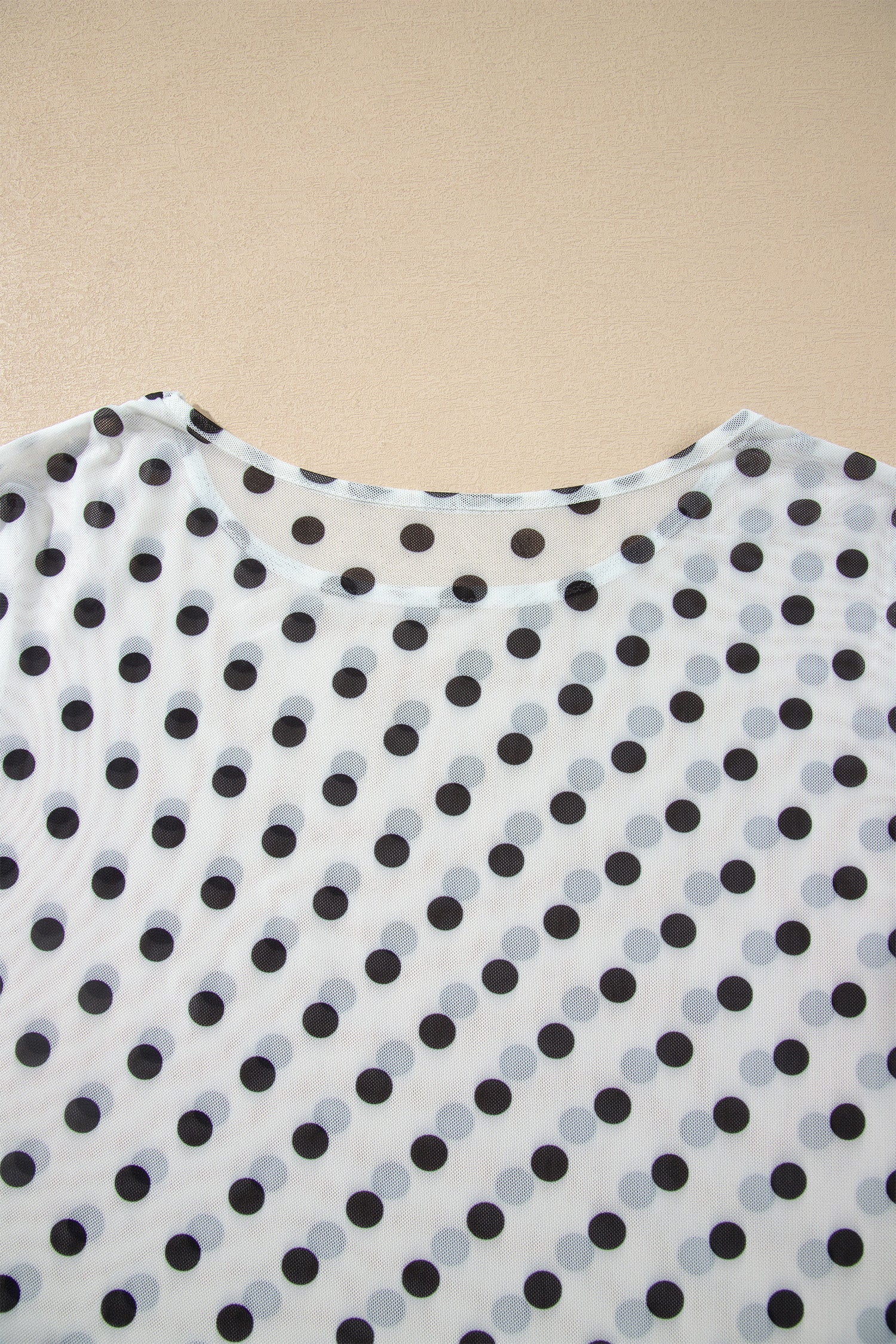 Black Polka Dot Sheer Mesh Long Sleeve Round Neck Shift Blouse