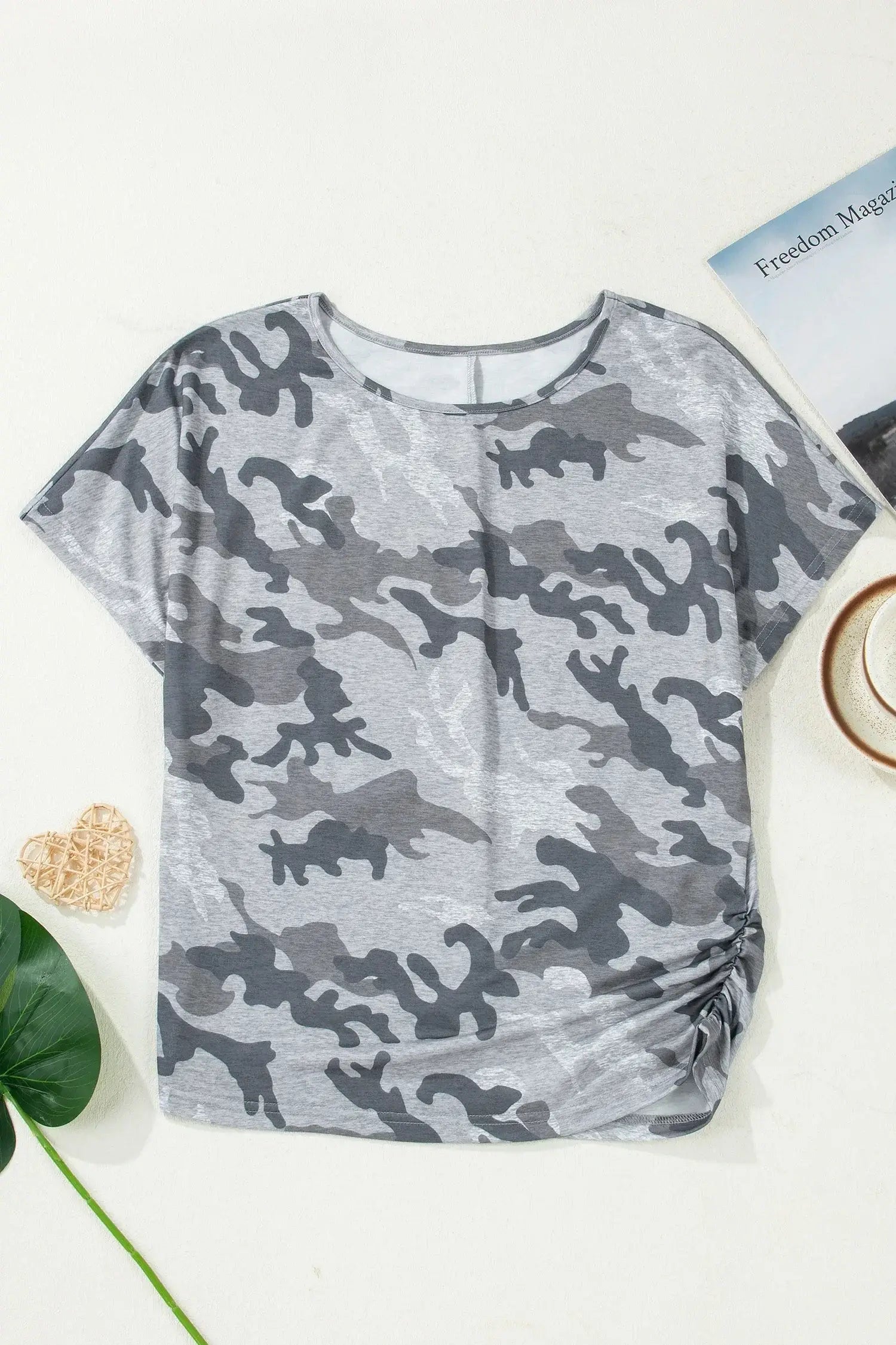 Gray Camouflage Print Round Neck T Shirt