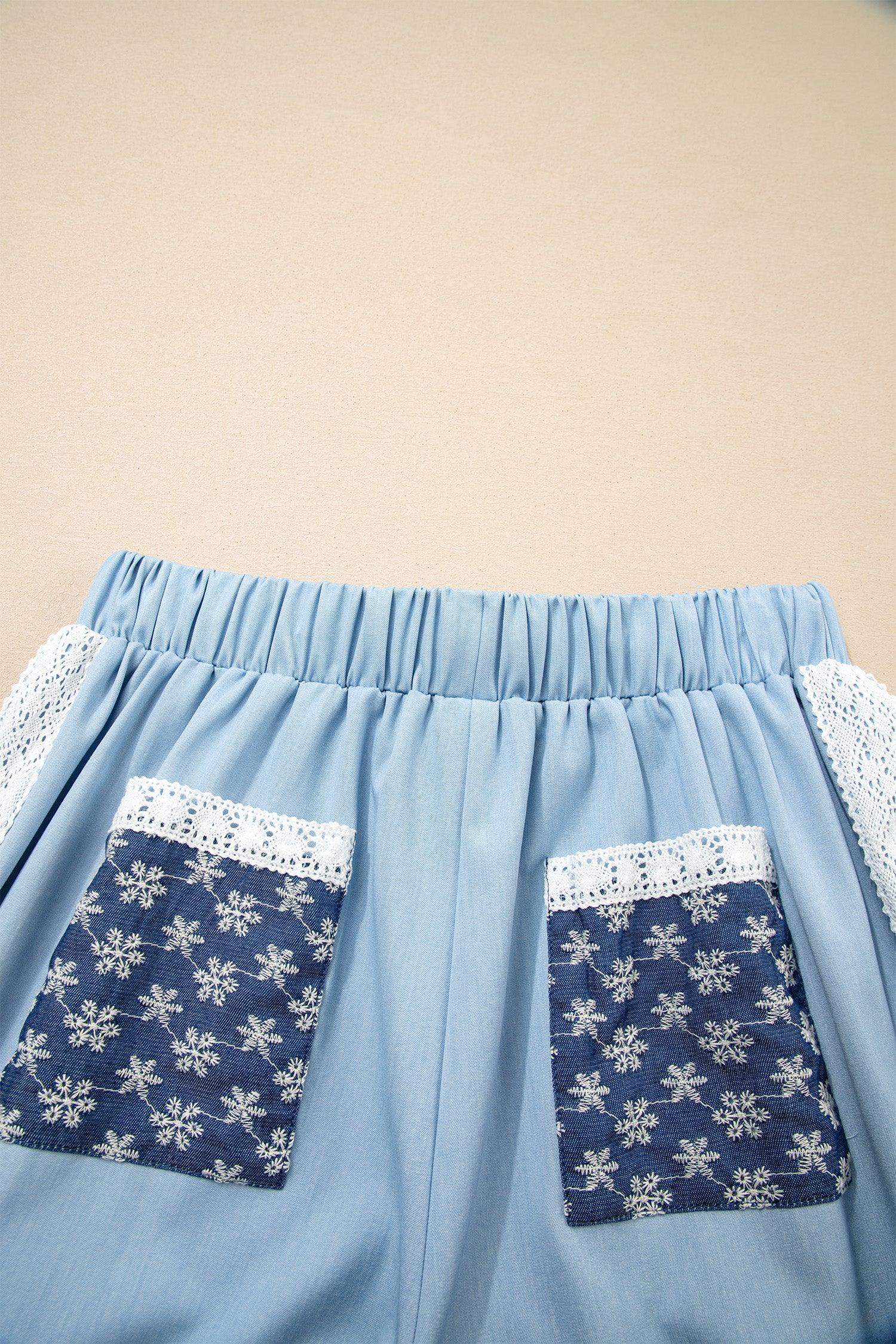 Beau Blue Lace Accent Floral Patched Pocket Pleated Wide Leg Slouchy Pants