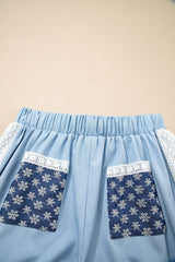 Beau Blue Lace Accent Floral Patched Pocket Pleated Wide Leg Slouchy Pants