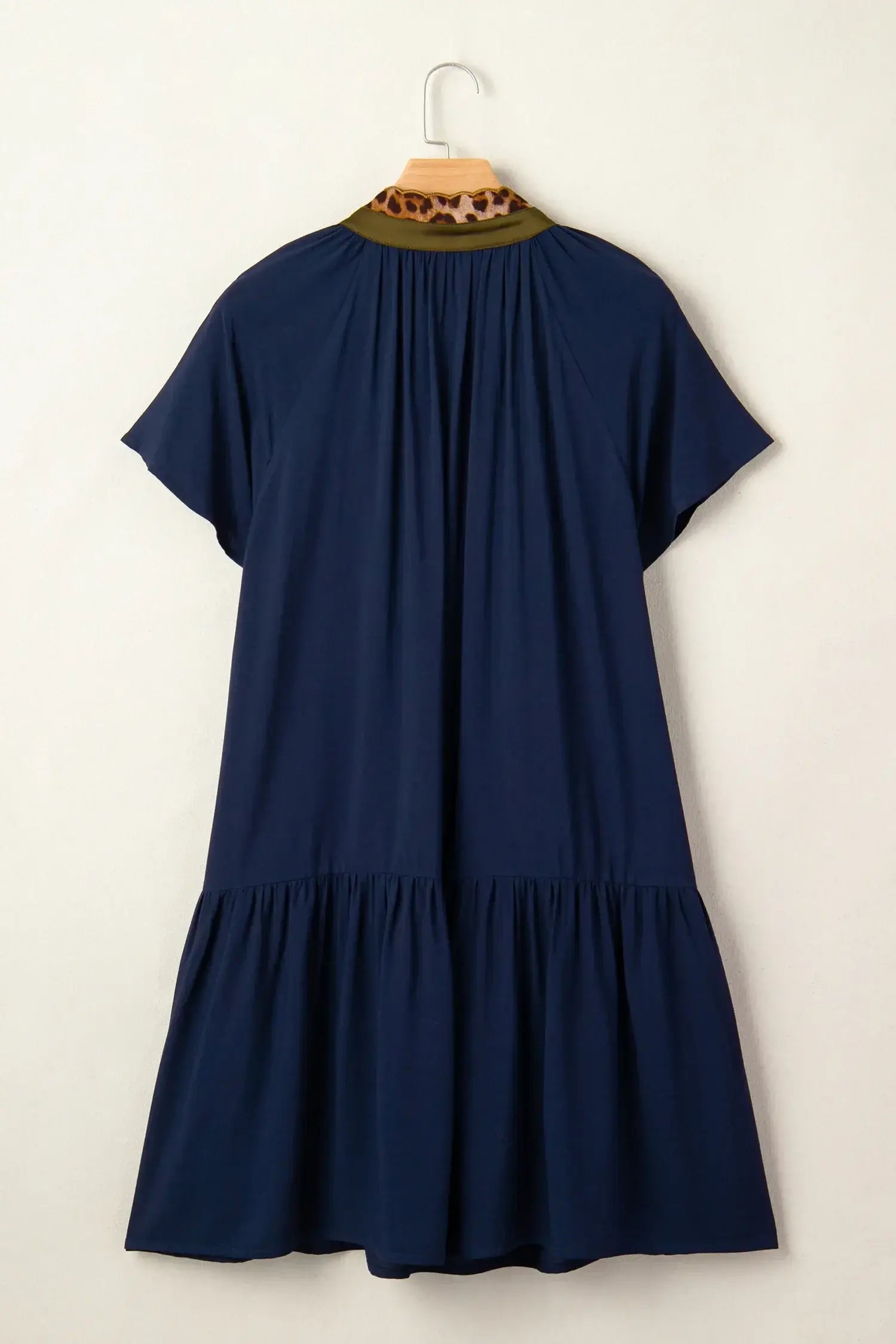 Navy Blue Button Detail Leopard Metallic Trim Short Sleeve Tunic Dress