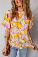 Purple Frilled Neck Puff Short Sleeve Flower Top