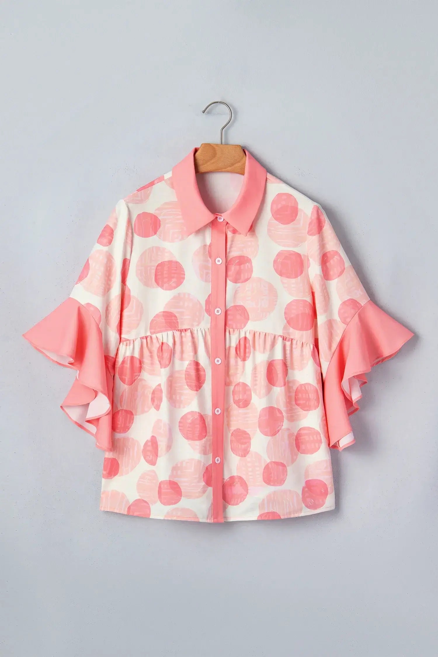 Pink Double Polka Dot Printed Ruffle Trim Short Sleeve Babydoll Shirt