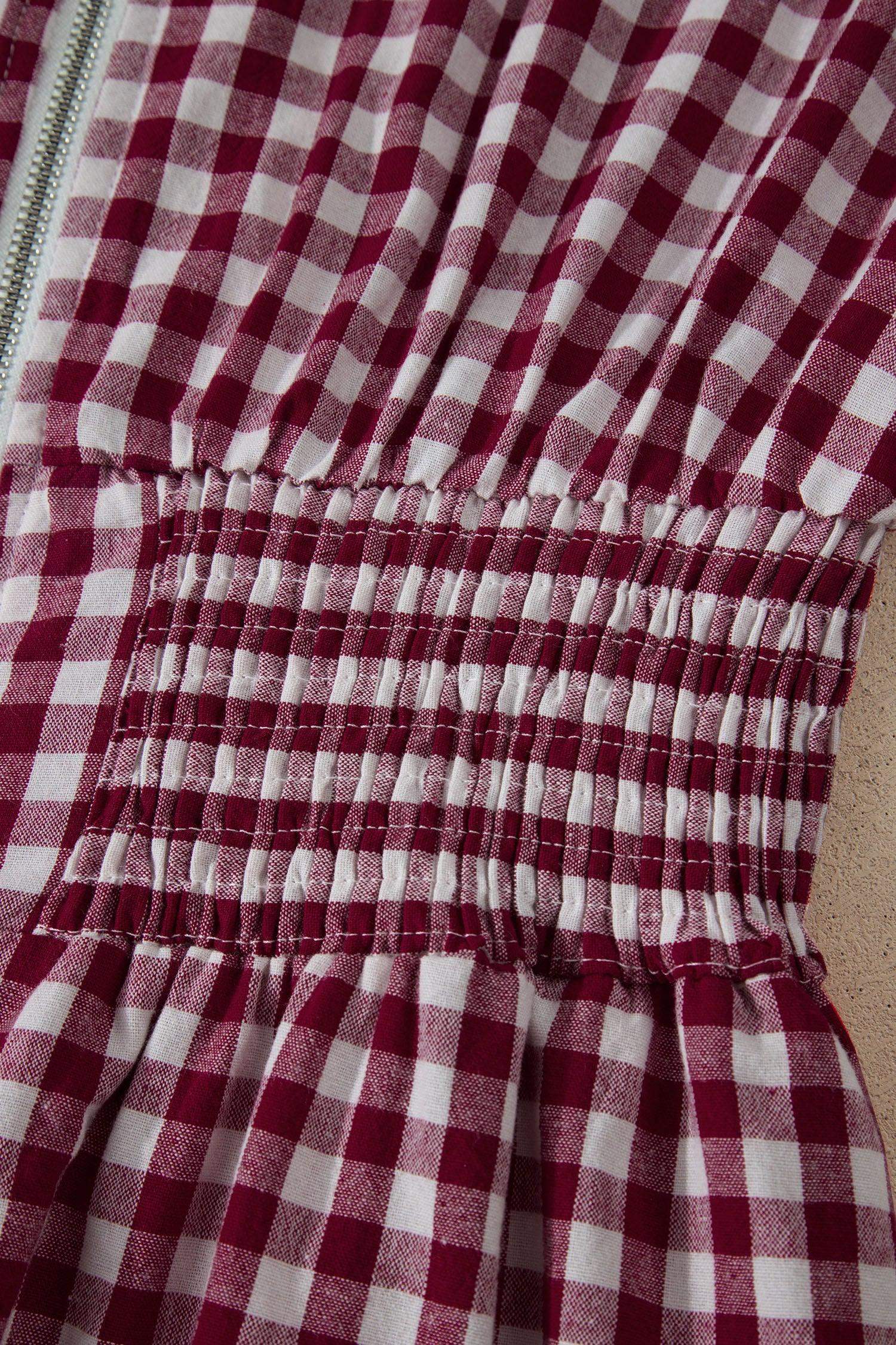 Red Plaid Print Full Zipper Cinched Waist Fit Flare Sleeveless Maxi Dress