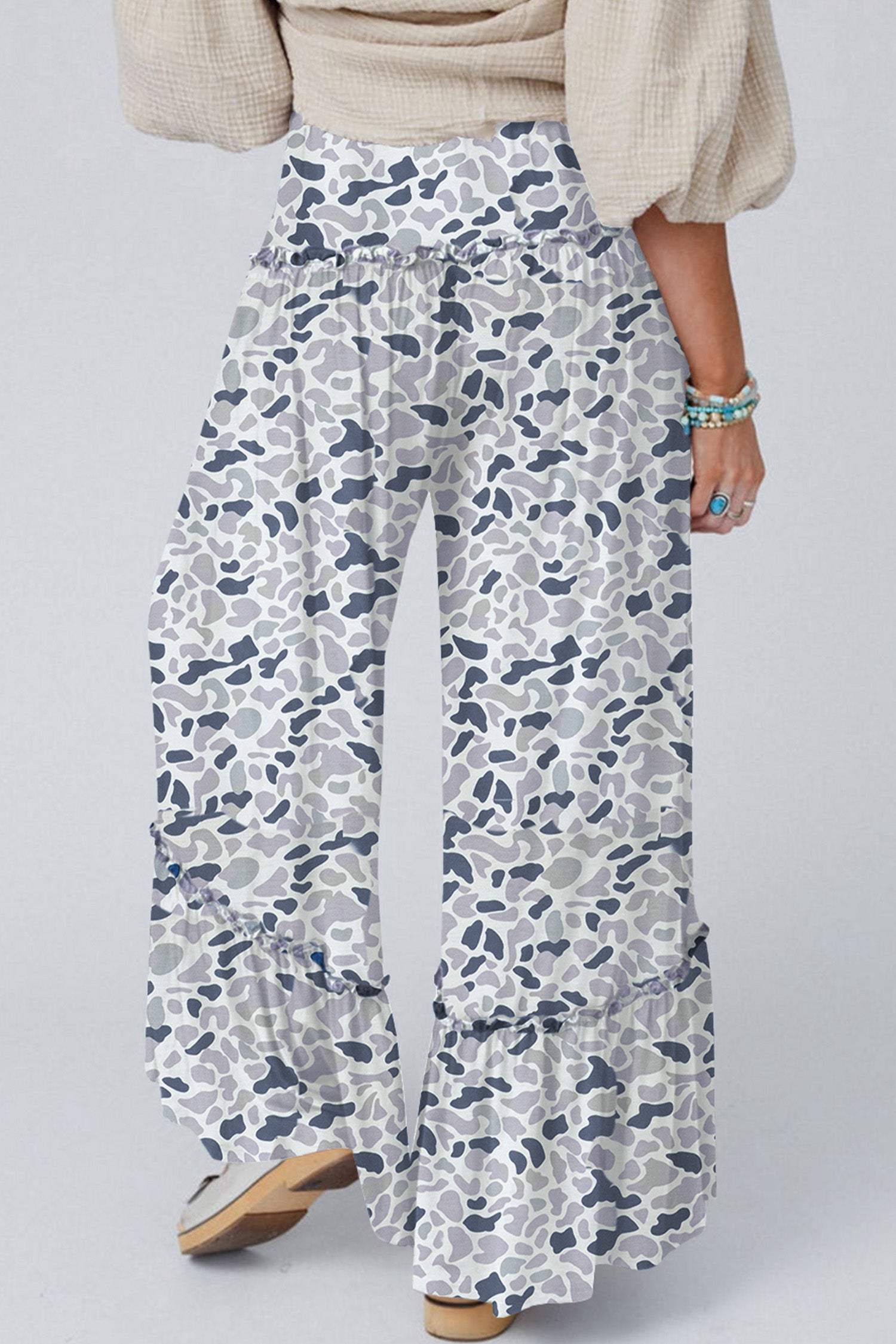 Beige Camo Print Wide Leg Casual Pants