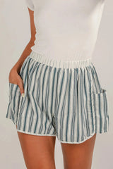 Gray Stripe Elastic Waist Cargo Pocket Casual Shorts