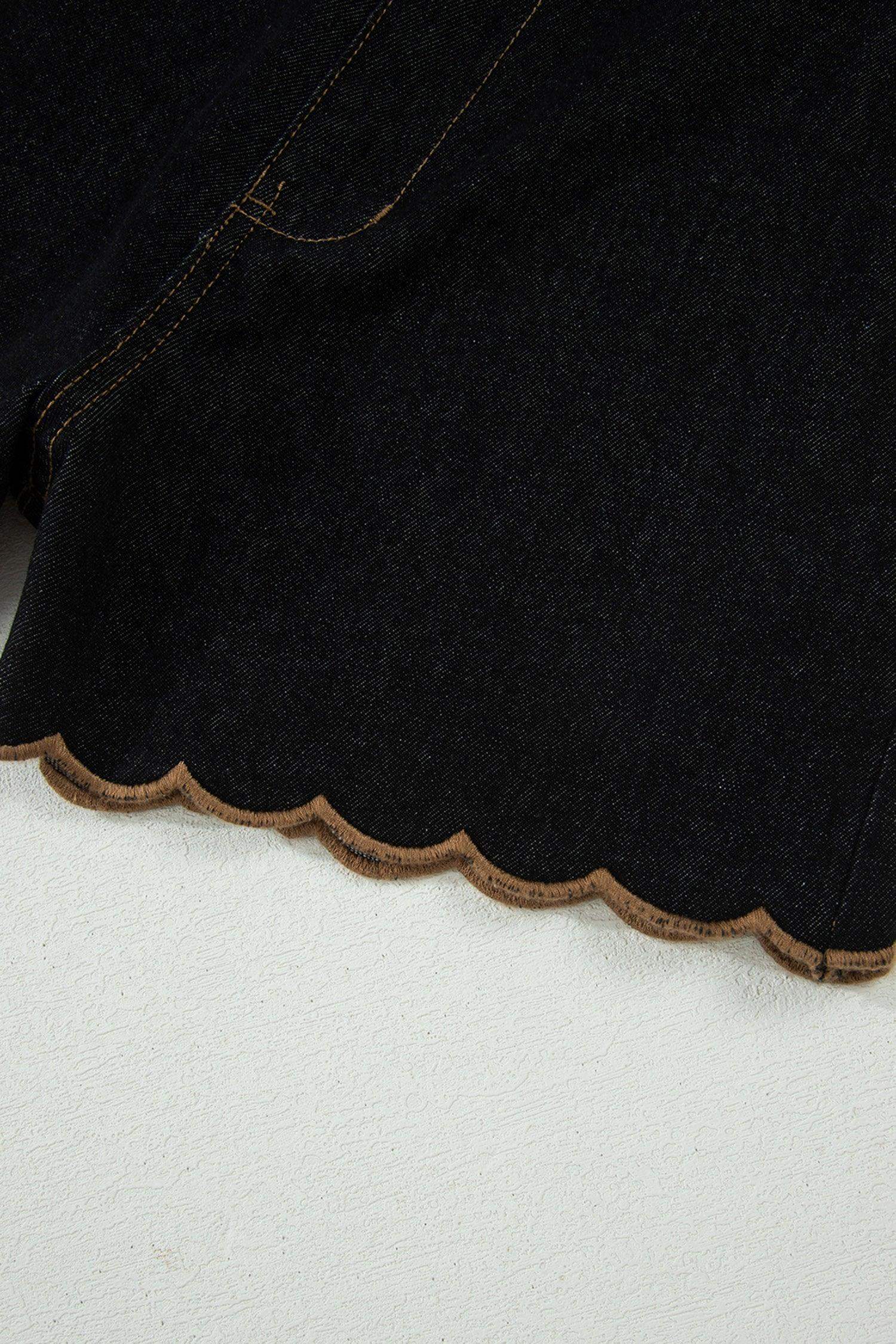 Navy Blue Embroidered Scalloped Trim Relaxed Denim Shorts