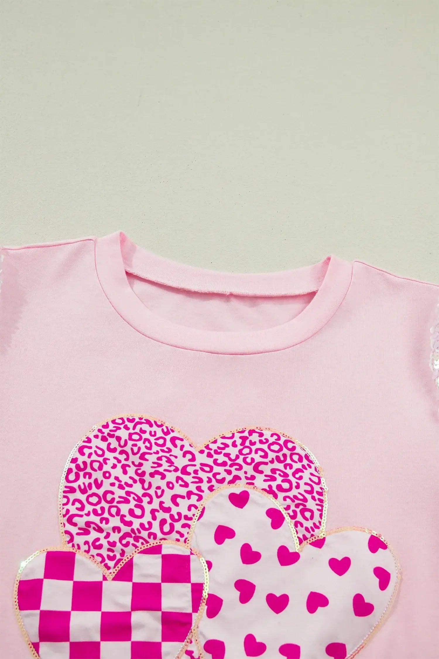 Light Pink Three Sweet Hearts Printed Sequin Trim Contrast Sleeve Patchwork Tee