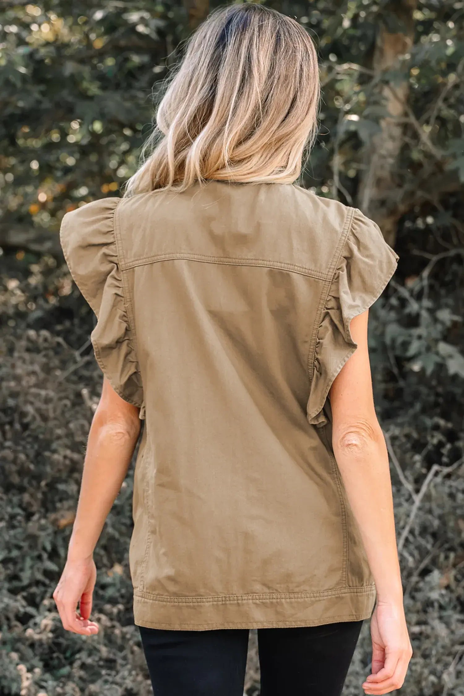 Pale Khaki Ruffled Patchwork Denim Jacket Vest