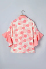 Pink Double Polka Dot Printed Ruffle Trim Short Sleeve Babydoll Shirt