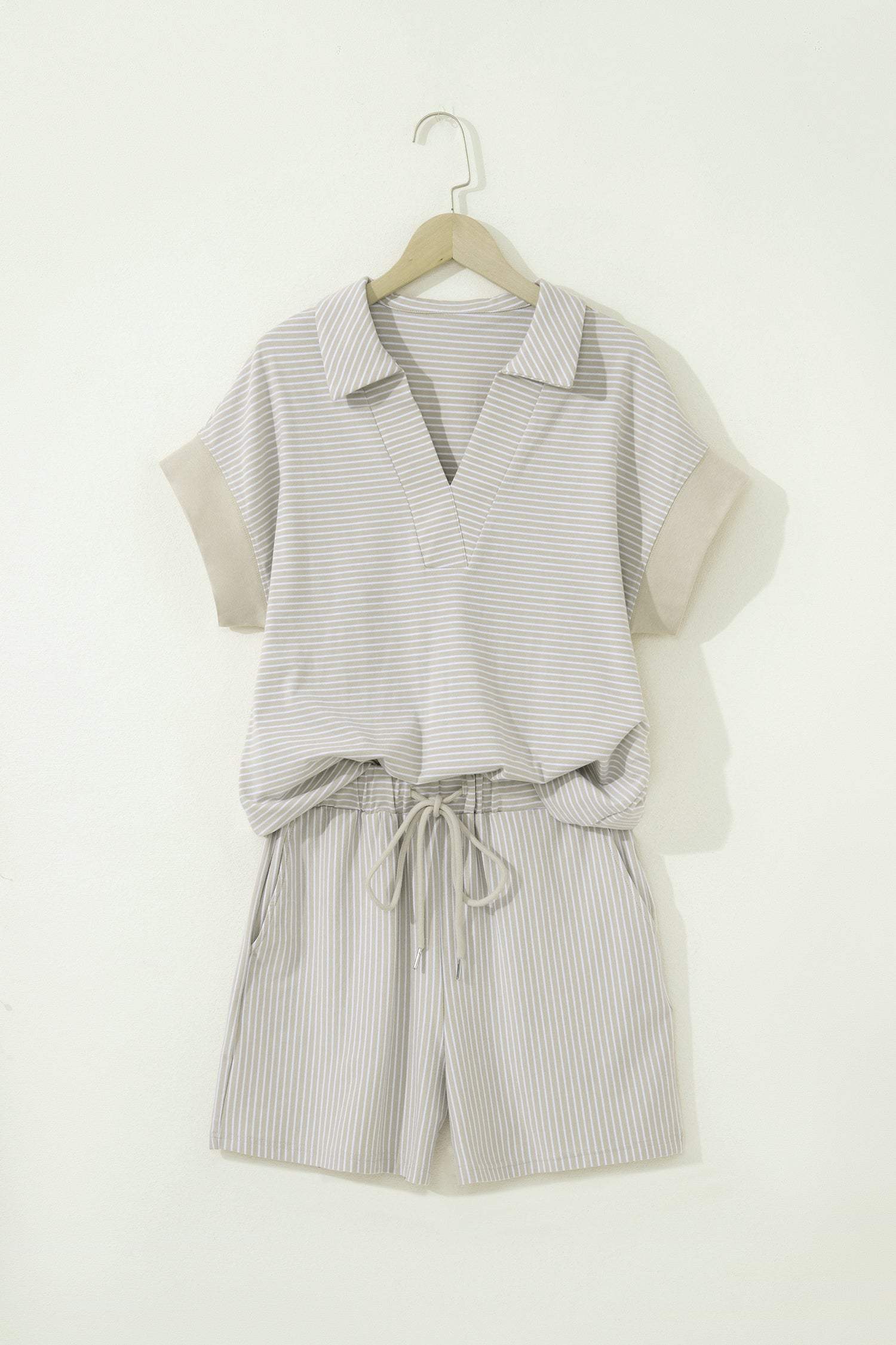 Khaki Stripe Dolman Sleeve Polo Shirt and Drawstring Shorts Set