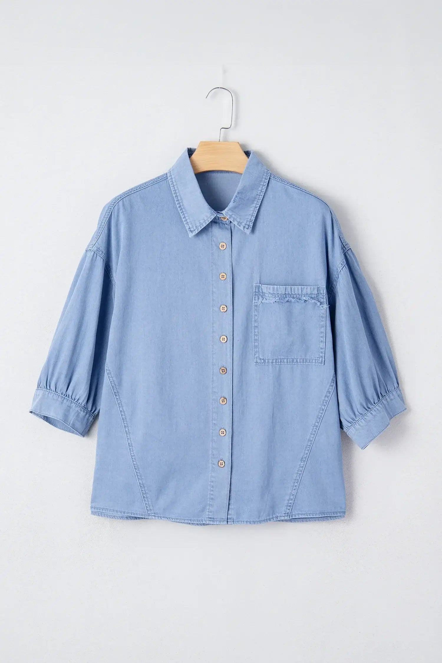Myosotis Washed Drop Shoulder Bracelet Sleeve Chambray Shirt