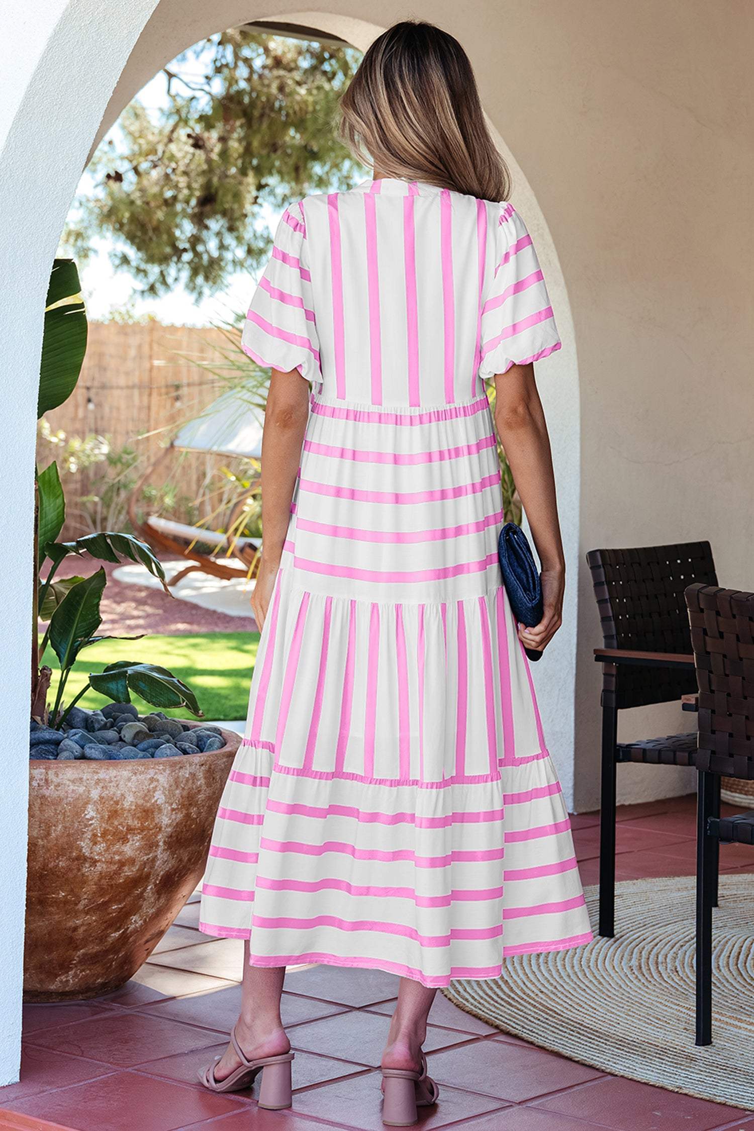 Pink Stripe Ricrac Trim Notched Neck Half Sleeve Vacation Dress