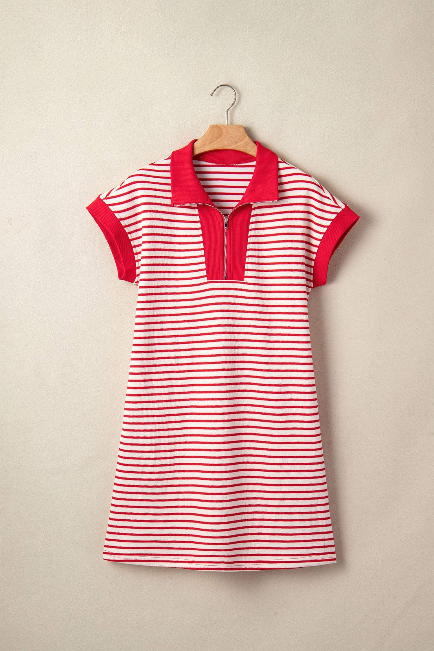 Green Stripe Quarter Zip Polo Collar T Shirt Dress with Pockets