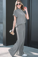 Dark Grey Twisted Ribbed High Neck Loose Tee Elastic High Waist Loose Pant Set