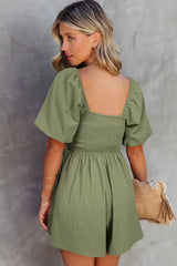 Jungle Green Square Neck Ruched Puff Sleeve Romper