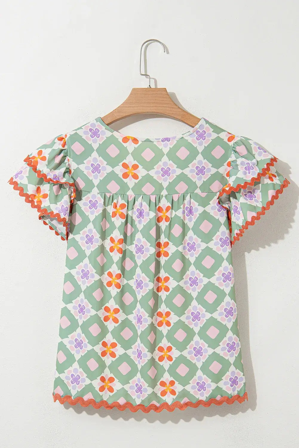 Green Geometric Floral Print Layered Flutter Sleeve V Neck Ric Rac Trim Blouse