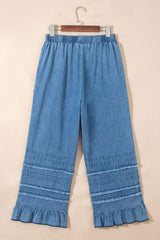 Dusk Blue Ruffled Hem Wide Leg Chambray Pants