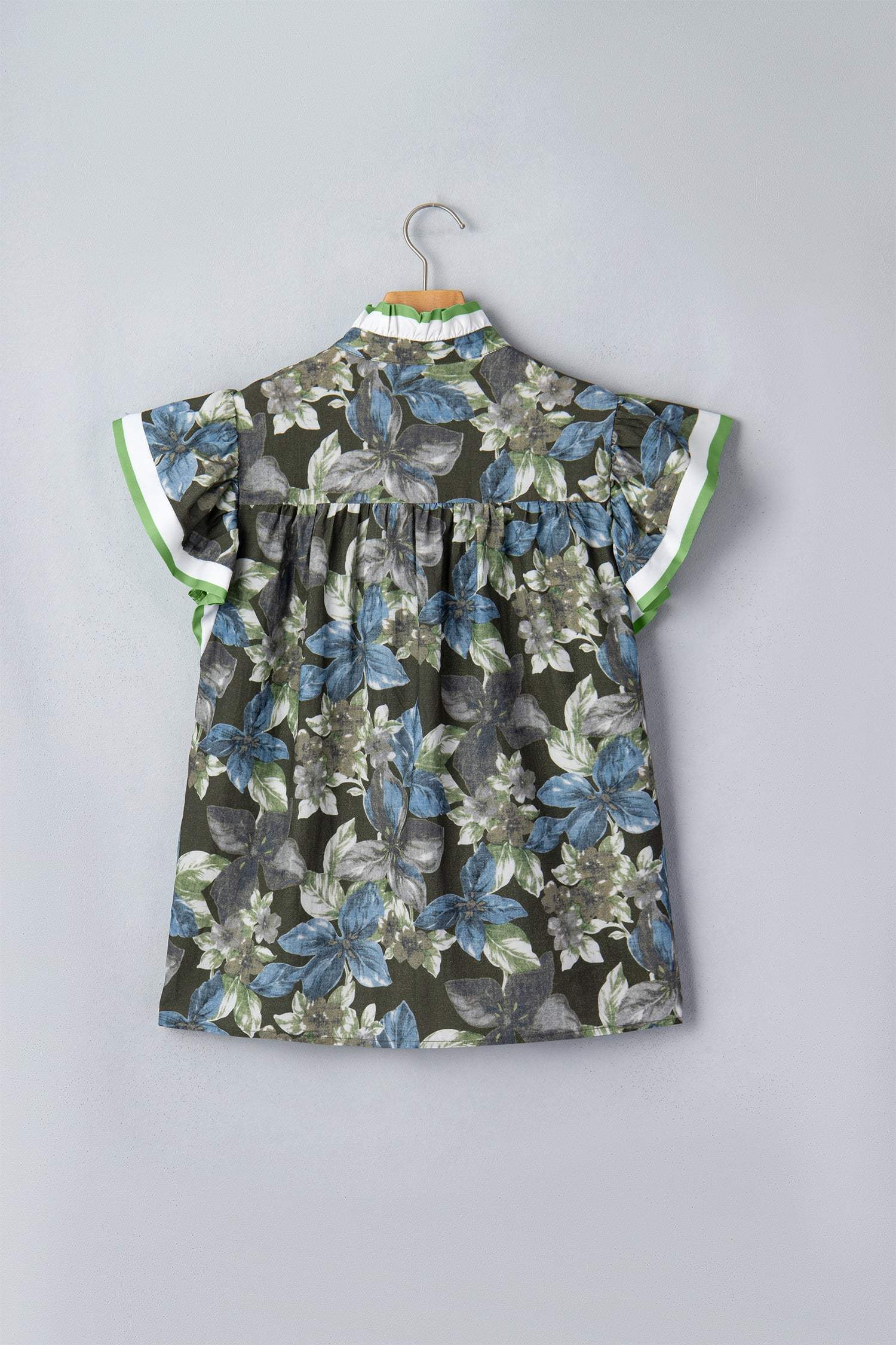 Green Ruffled Short Sleeve Floral Summer Blouse