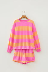Pink Stripe Long Sleeve Casual Top Drawstring Shorts 2pcs Set