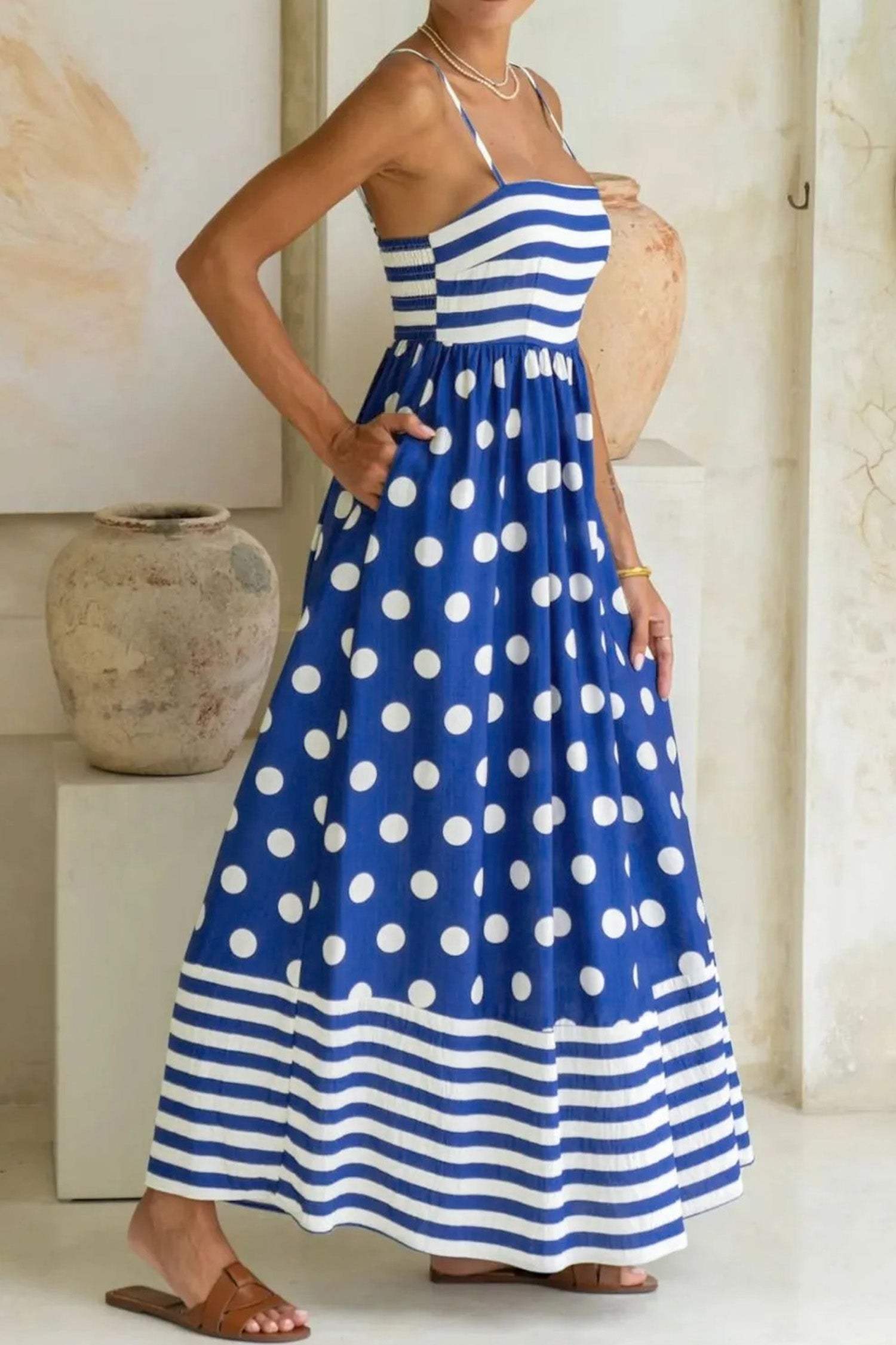 Blue Striped Polka Dot Patchwork High Waist Spaghetti Straps Maxi Dress