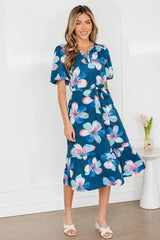 Blue Floral Print Short Puff Sleeve Ruffle Hem Belted Long Dress