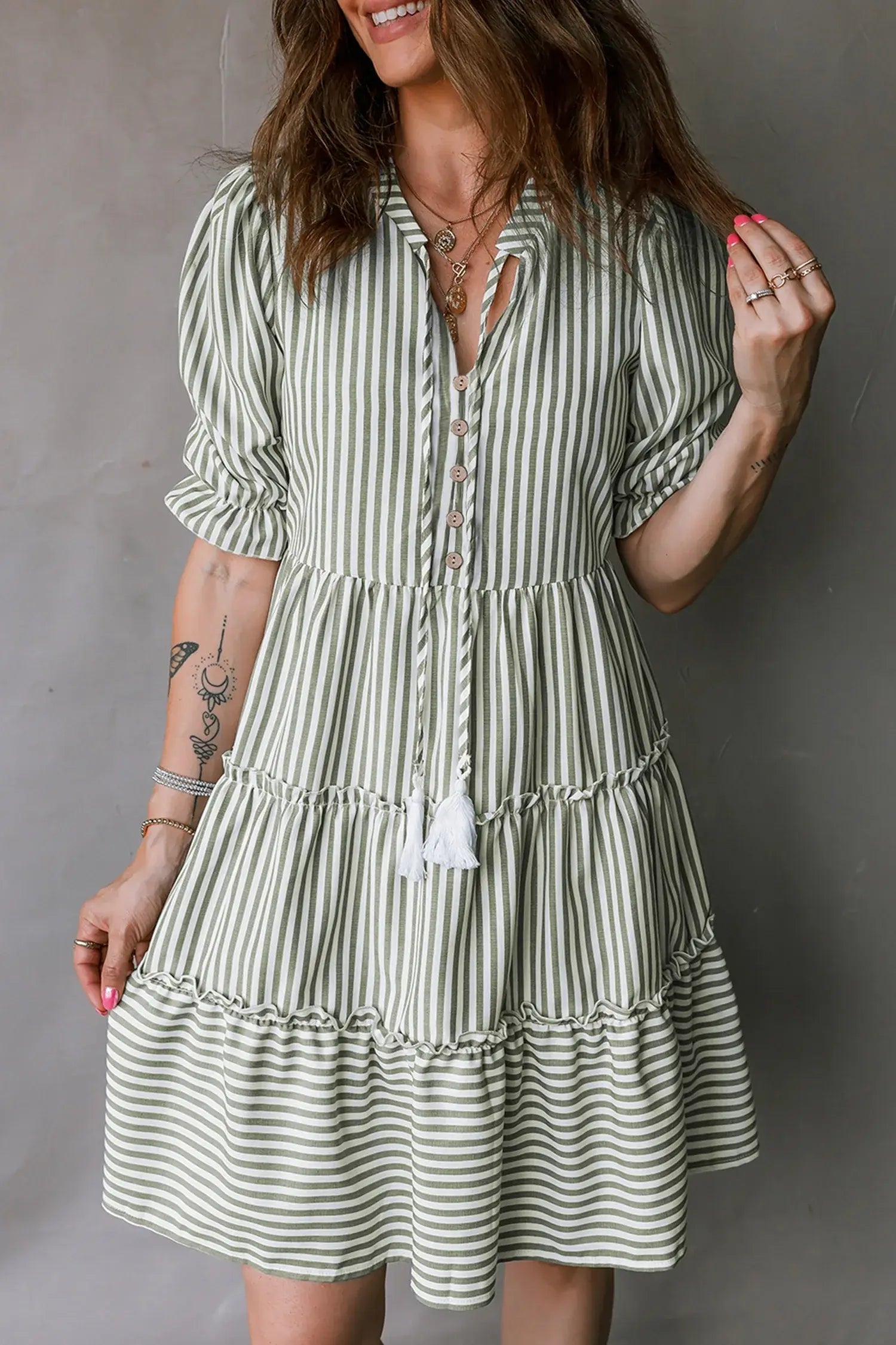 Green Stripe Tasseled Tie Neck Ruffled Short Sleeve Tiered Flattering Dress