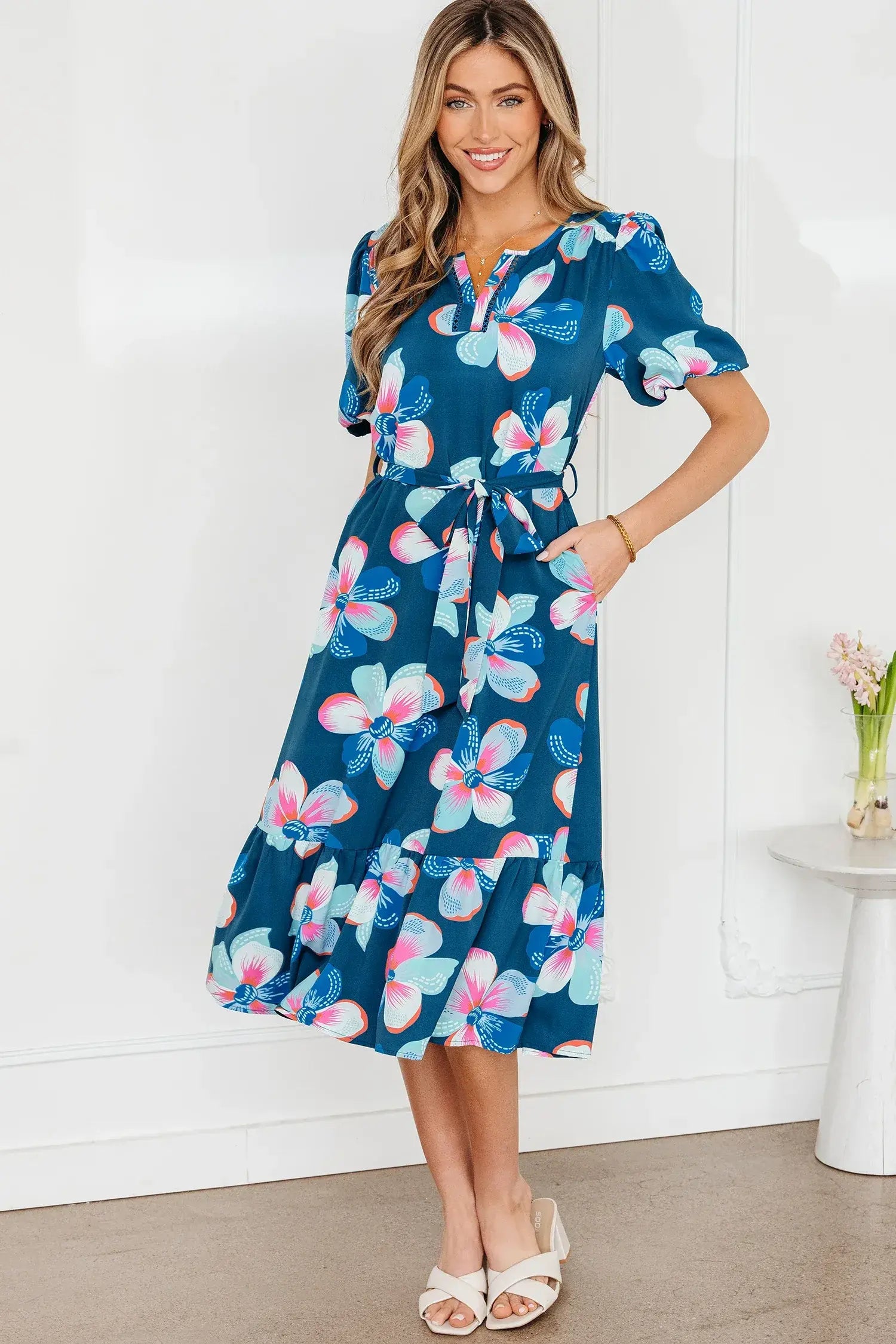 Blue Floral Print Short Puff Sleeve Ruffle Hem Belted Long Dress
