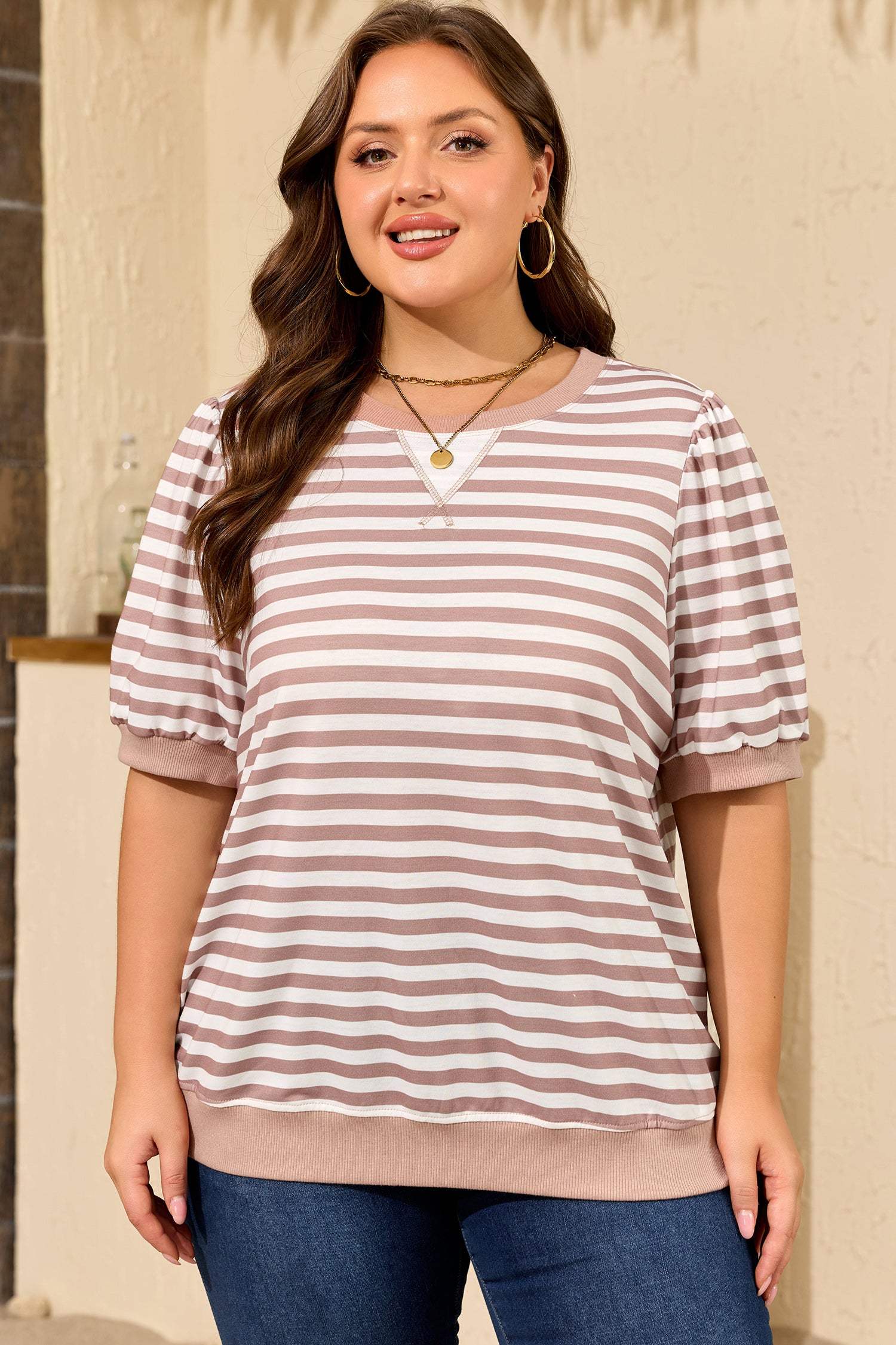 Orange Stripe Ribbed Trim Round Neck Short Puff Sleeve Plus T Shirt