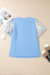 Light Blue Textured Bodice Contrast Floral Sleeve Plus Size Top