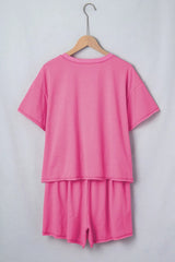 Bright Pink Seam Detail Raw Edge Tee Rainbow Waistband Casual Short Set