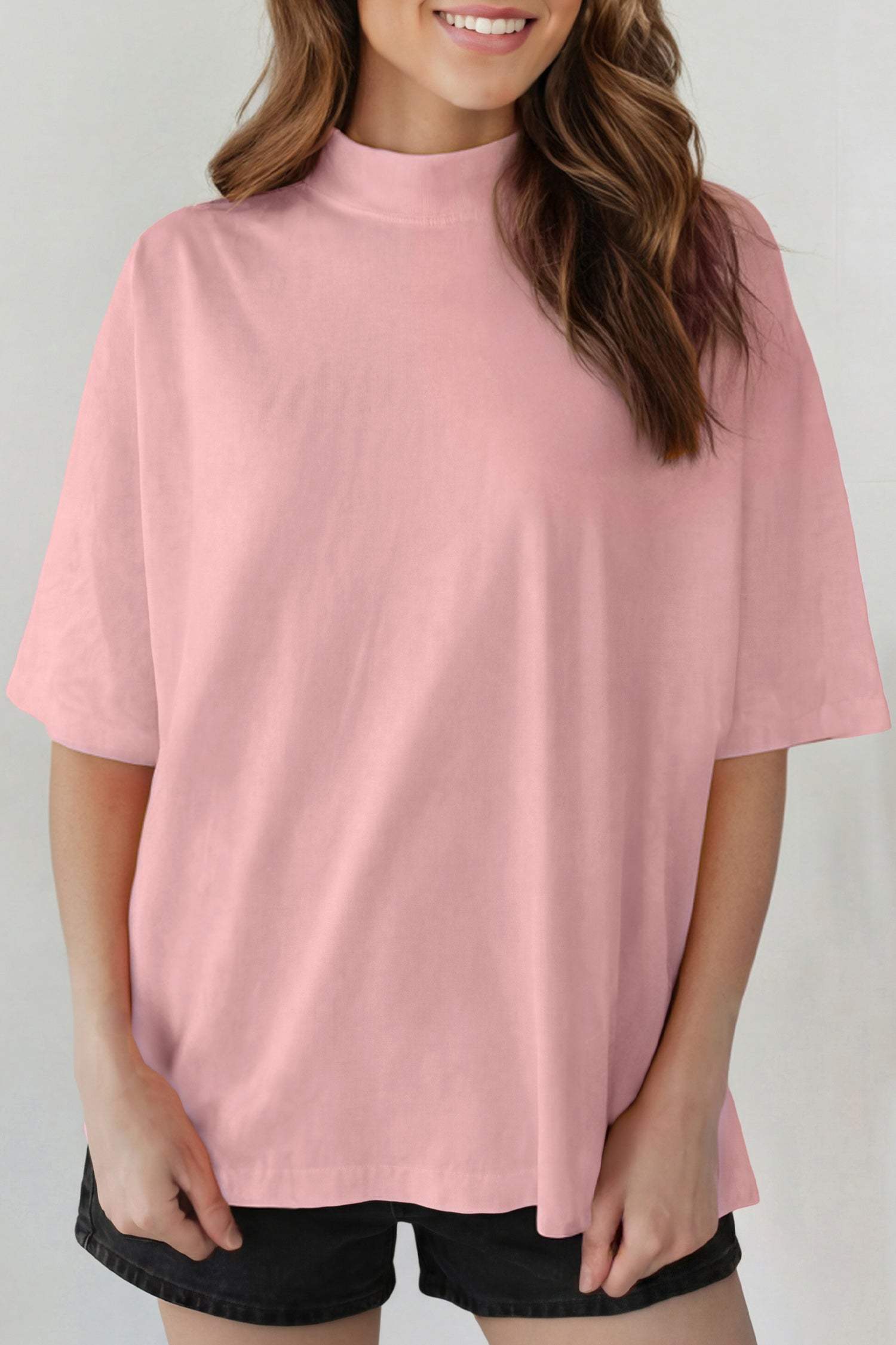 Dark Blue Solid Color High Neck Oversize Tee