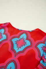 Red Abstract Floral Print Trimmed Flutter Sleeve Blouse