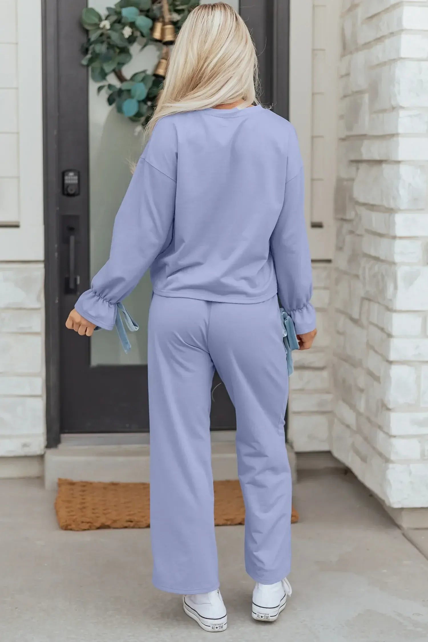 Beau Blue Flounce Long Sleeve Top Drawstring Pants Contrast Velvet Bow Knot 2pcs Lounge Set