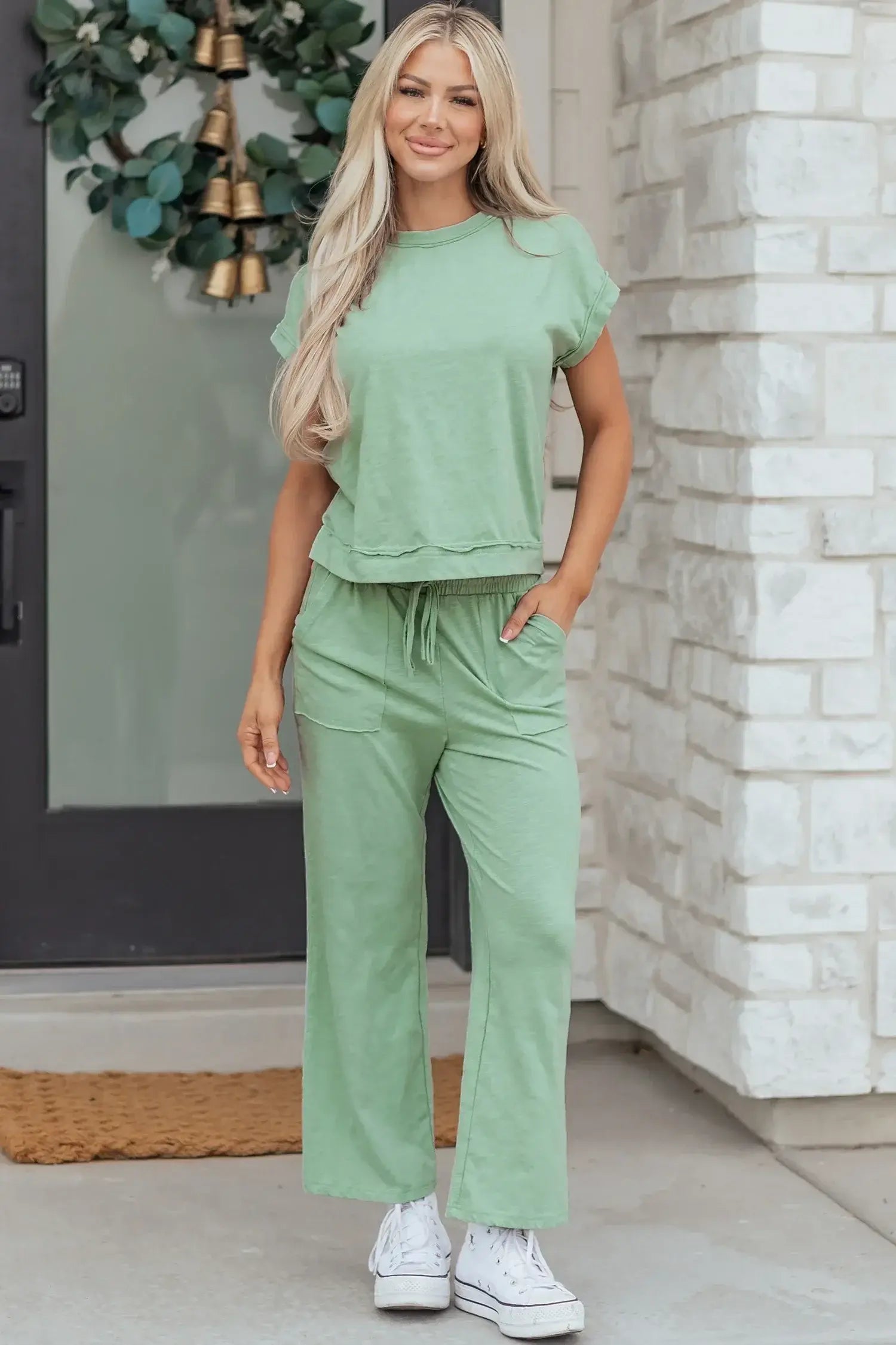 Canton Cuffed Short Sleeve Tee Raw Seam Patch Pocket Drawstring Pants Set