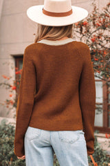 Chestnut Contrast Knit V Neckline Short Cardigan