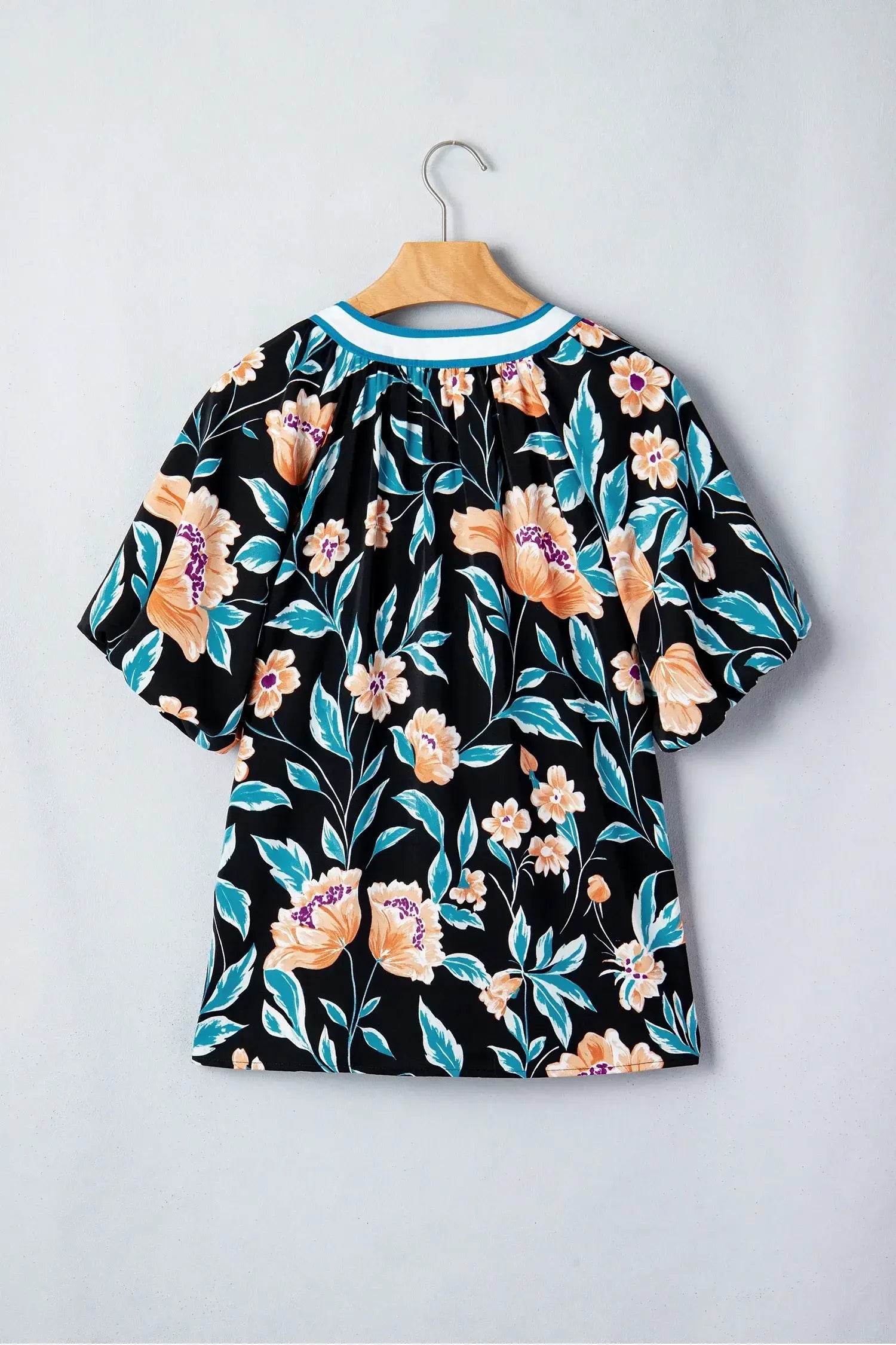 Black Floral Short Bubble Sleeve Buttoned Notched Neck Blouse