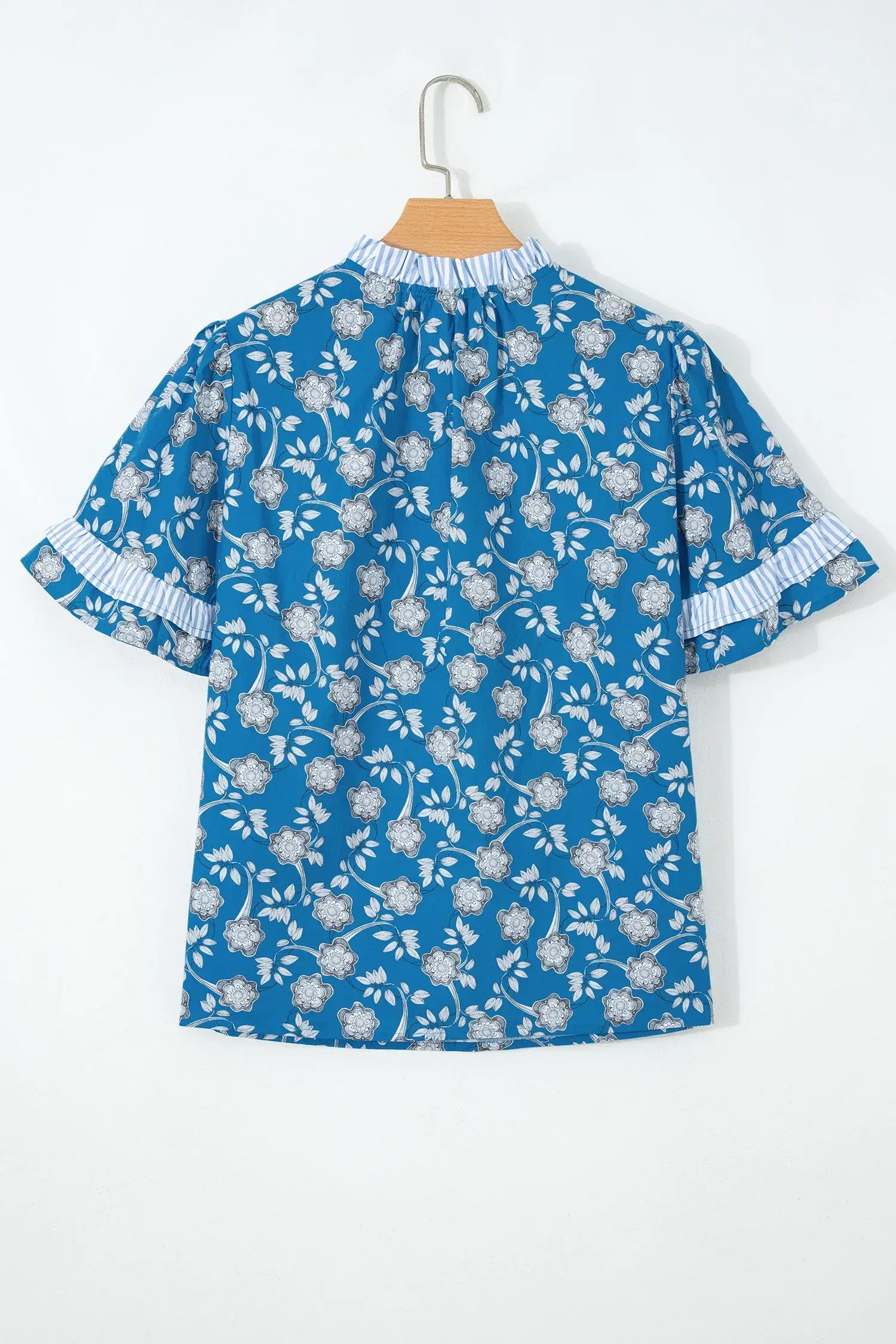 Blue Floral Print Button Tie Neck Striped Detail Short Sleeve Blouse