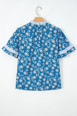 Blue Floral Print Button Tie Neck Striped Detail Short Sleeve Blouse