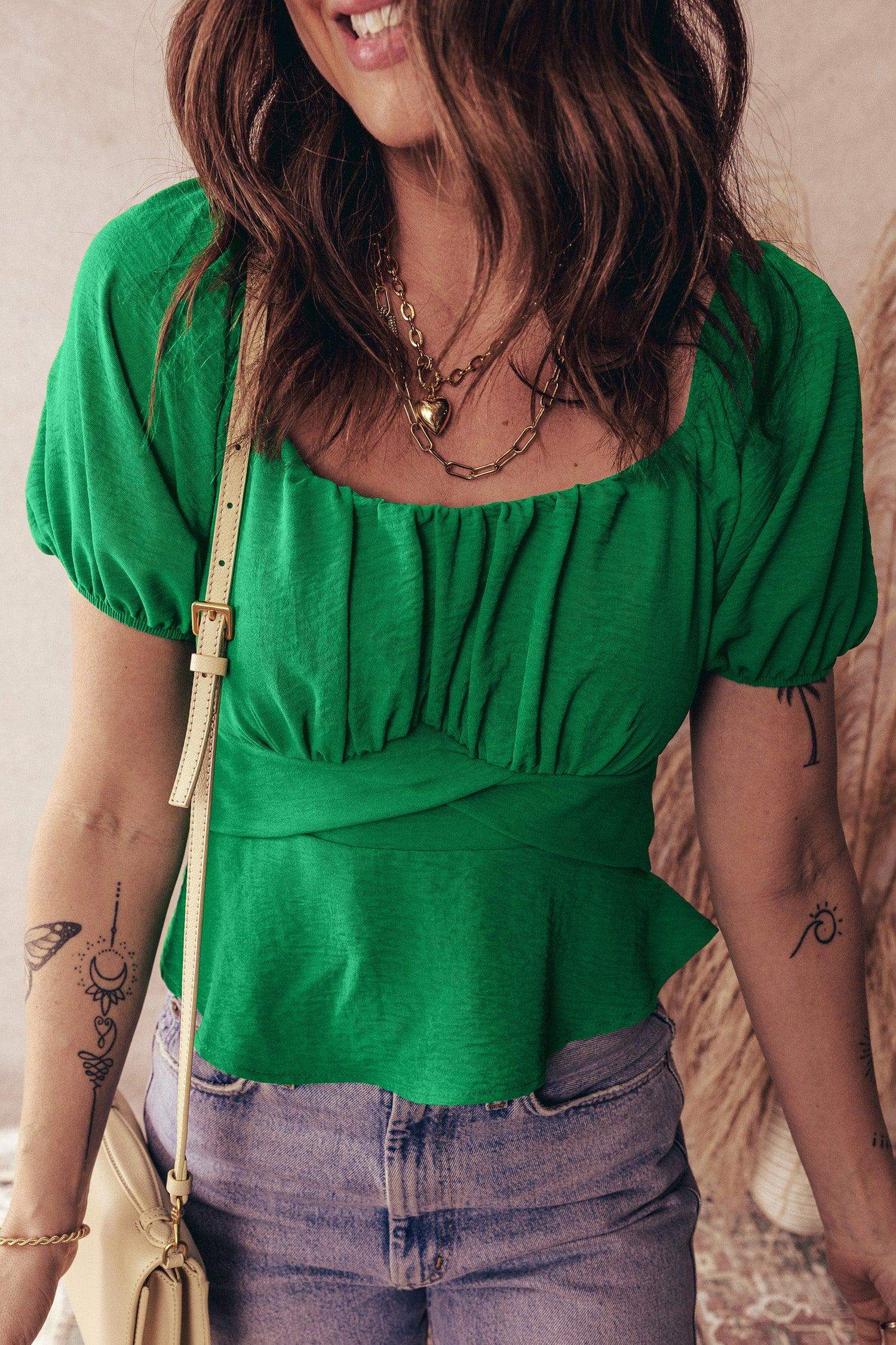 Dark Green Solid Color Ruched Crossed Waist Tied Back Short Sleeve Peplum Top
